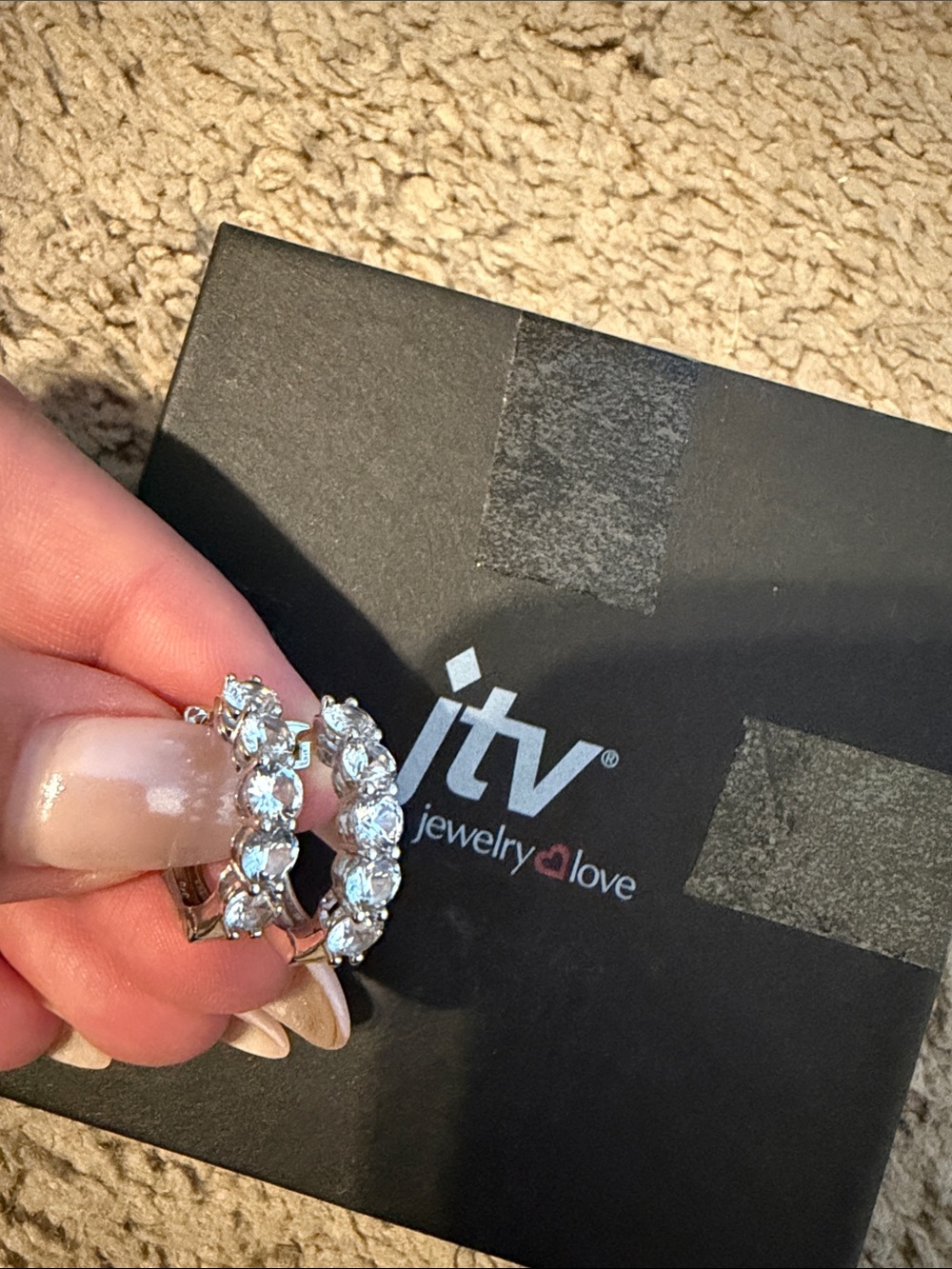 JTV Silver Hoop Huggie Earrings with Clear Stones